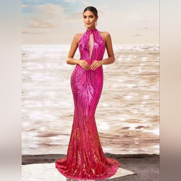 Pink Sequin Backless Halter Gown - Picture 4 of 12